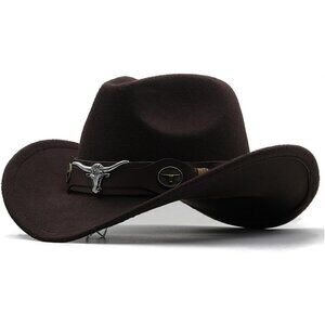 Unisex Coffee 100% Polyester Bull Skull Band Classic Fedora Felt Cowboy Hat